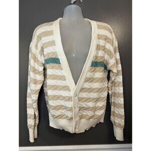 Vintage Daniel Hechter Sweater Mens Small Beige White Stripe Cardigan Teal 80s